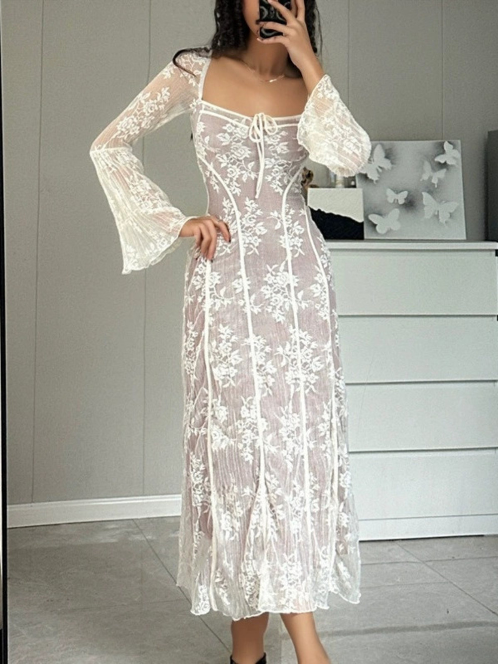Zara Lace Dress with Hollow Neckline Waist Spring Summer